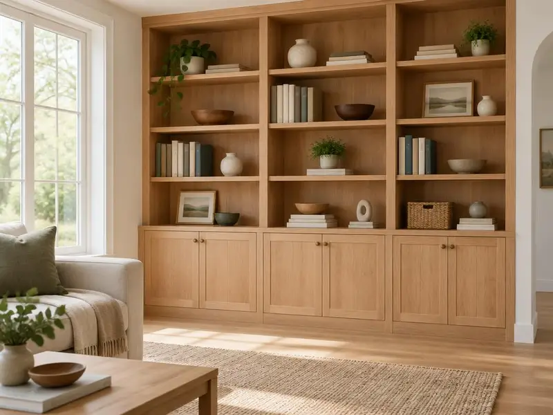 Libreria a parete in legno chiaro con ante basse in un soggiorno