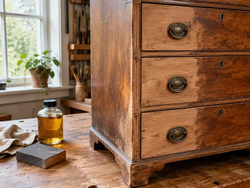 Cassettiera antica in legno sul banco di lavoro, accanto a olio e tampone abrasivo