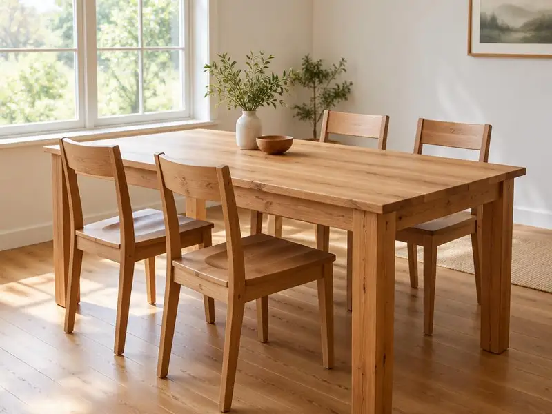 Tavolo in legno chiaro con quattro sedie in una stanza luminosa