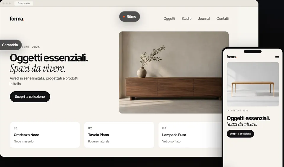 Concept di sito web, presentato su computer e telefono